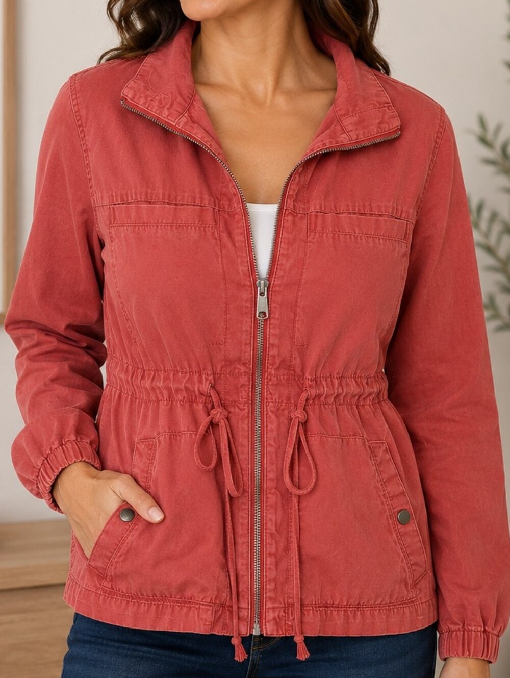Old Navy Faded Orange Cargo Jacket – Size XS – Drawstring Waist